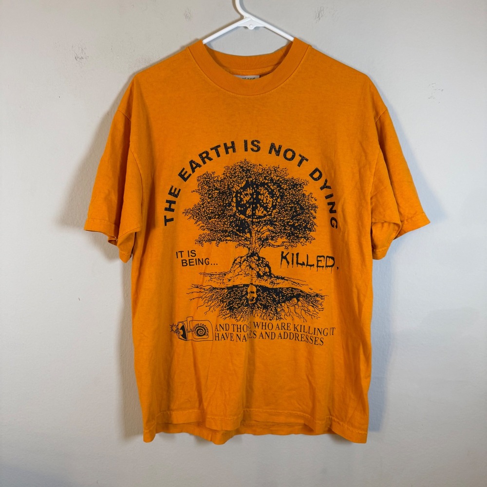 Online Ceramics The Earth Is Not Dying Orange Graphic T-Shirt Mens Medium